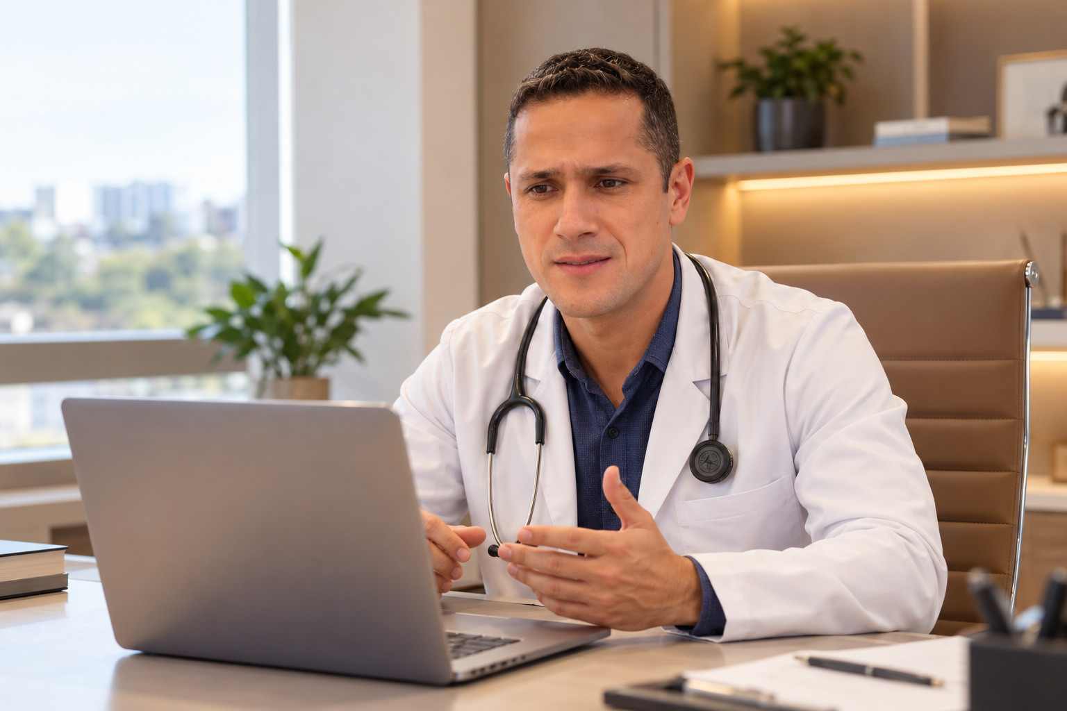 Dr. Diego Neves de jaleco em consulta online pelo notebook